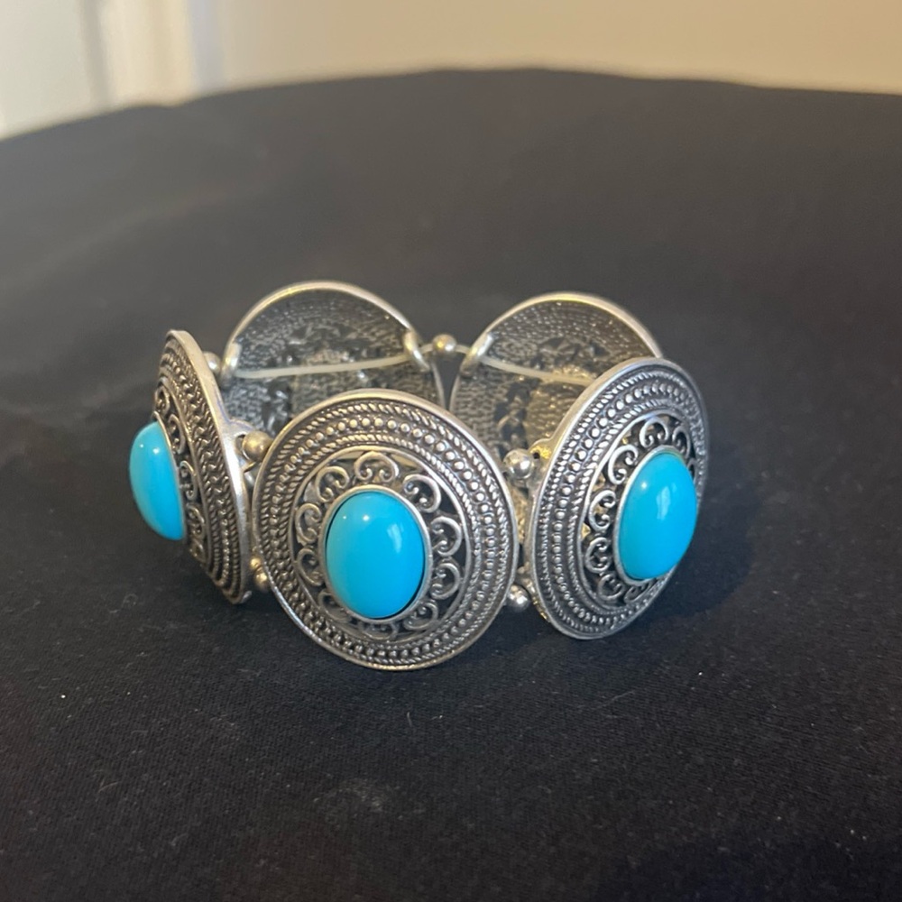 Simulated Turquoise Stretch Bracelet Boho Bohemian Western Silver Tone